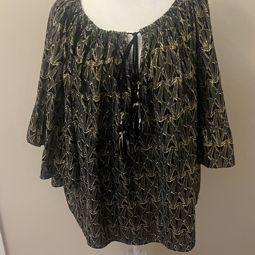 Mes Demoiselles Metallic Boho Blouse Black Gold Tie Neck Paris NWT L